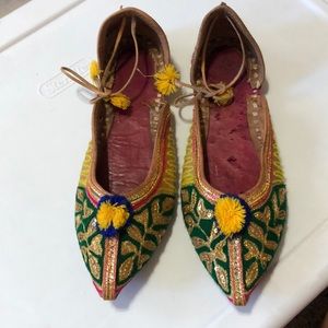 Handmade Indian / Asian Leather Sandals with Embroidery and Pom Poms